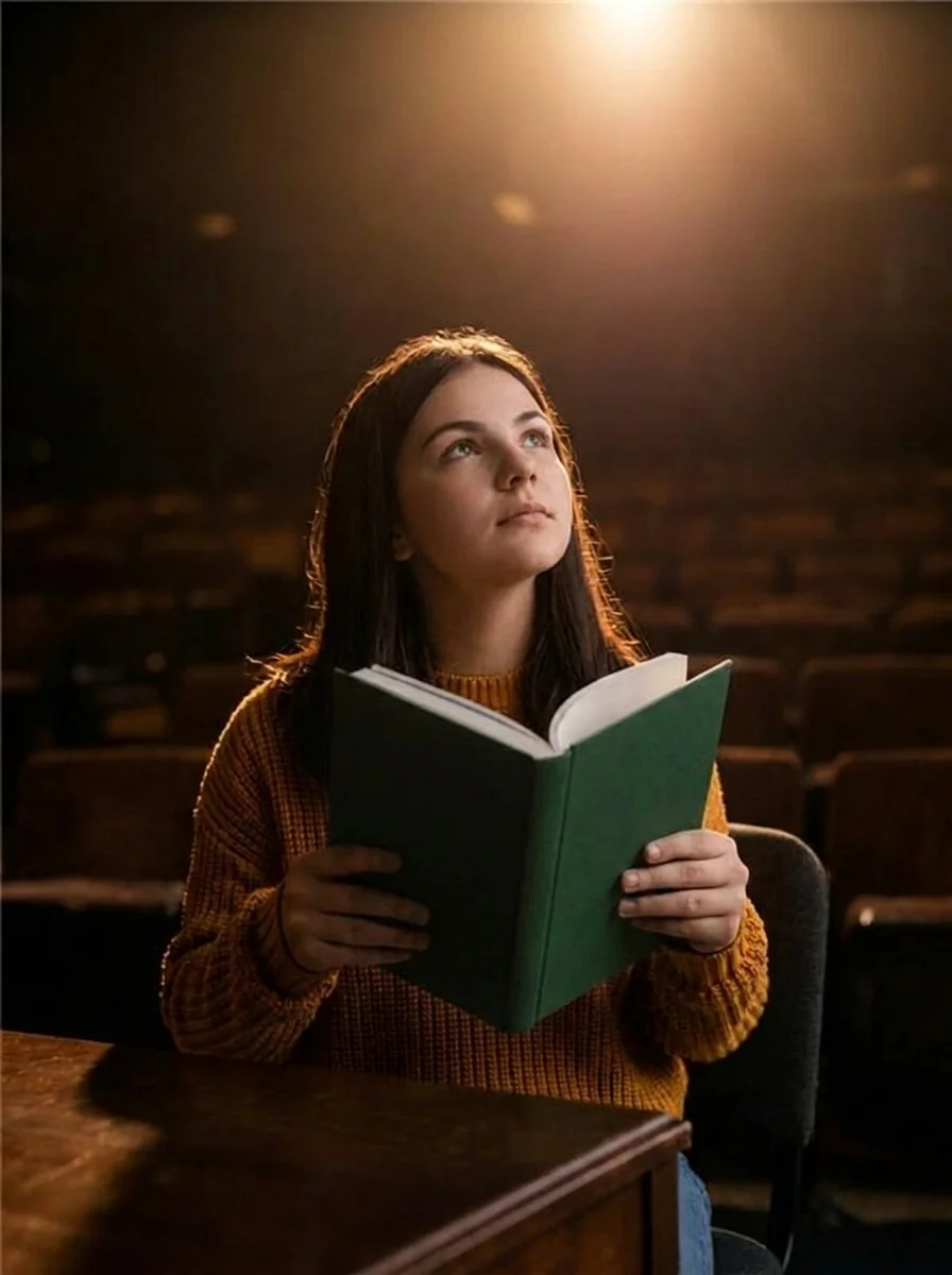 A Jefferson student reads a green-bound book under a single spotlight in an empty auditorium
